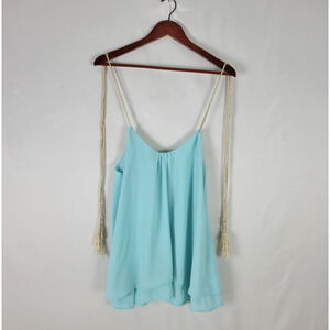 Freeway Womens‎ Blouse Small Top Blue Sleeveless Spaghetti Tassel Strap Shirt